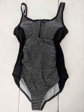 Thyme Maternity Black and White Striped One-Piece Swimsuit